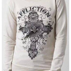 Y2k S/M Sinful Affliction Thin‎ Sweatshirt Shirt Cream Large Cross Embellished